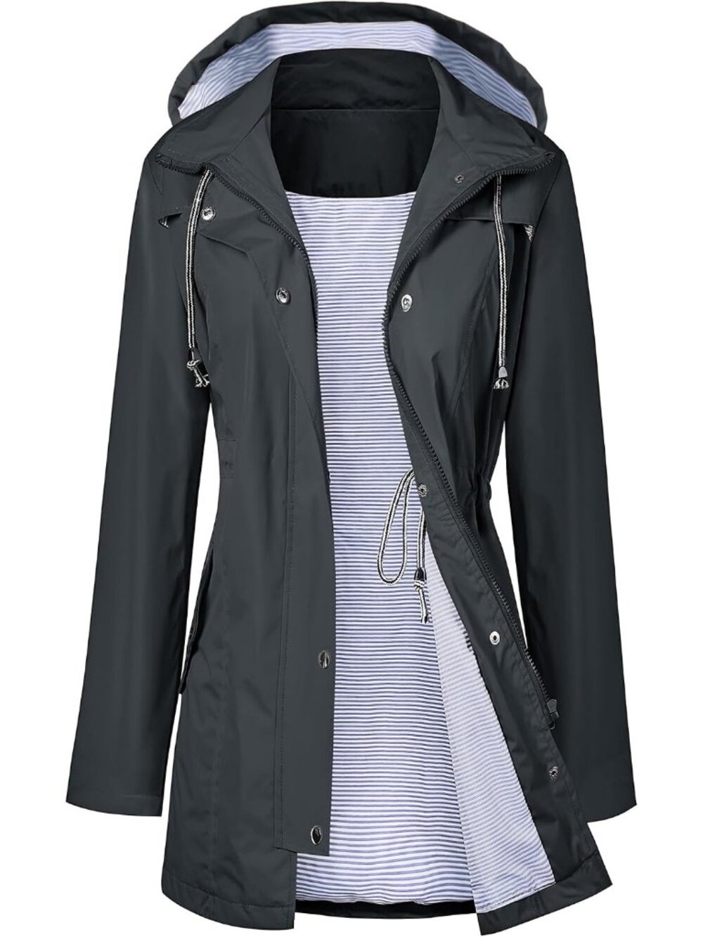 Women Deep Grey Hooded Waterproof Adjustable Drawstring Windbreaker Trench Coat